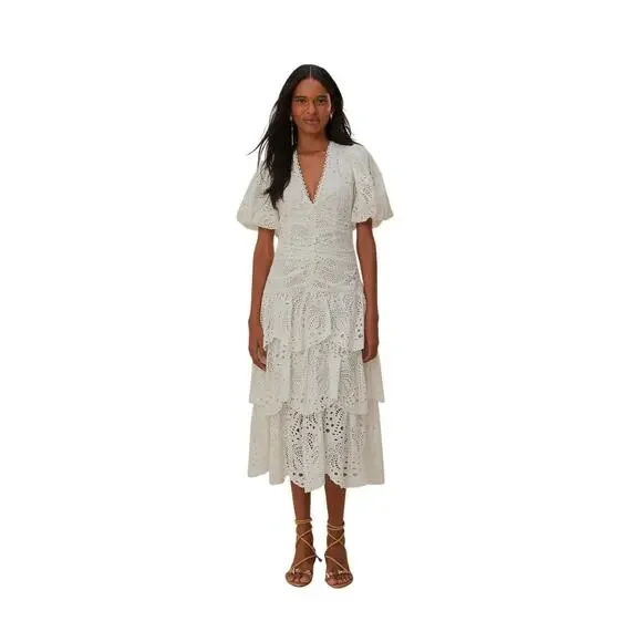 Farm Rio 100% Cotton Eyelet Midi Dress Puff Sleeve Tiered Cottage Farm Summer S - Picture 2 of 12